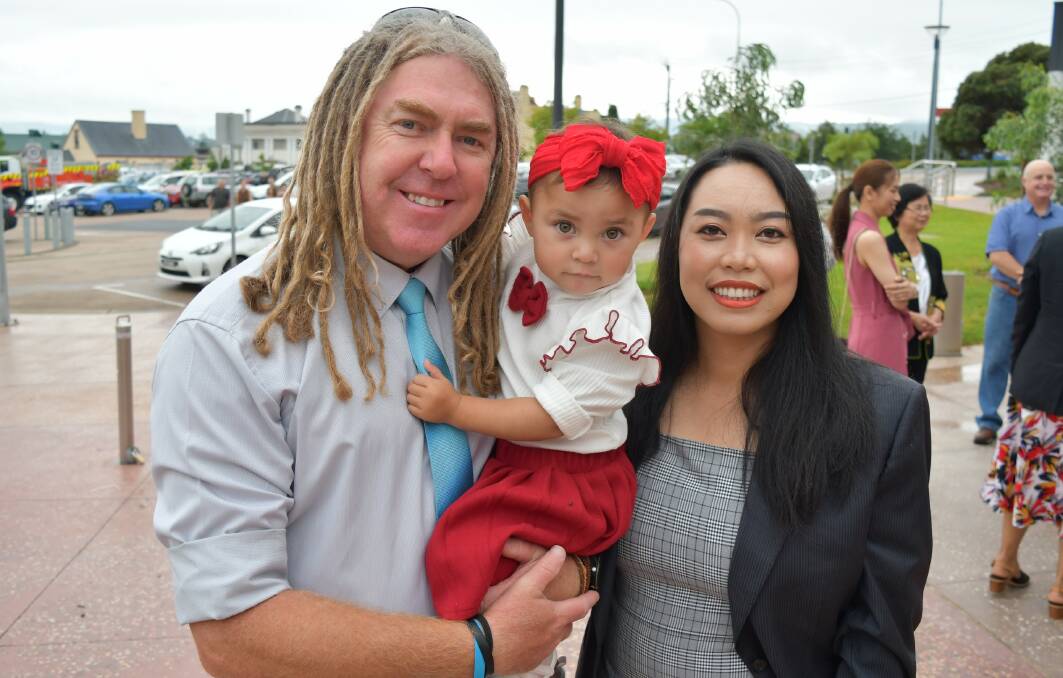 Daniel Benzie and Fah Phoosang with daughter Nadia-Skye. Fah became an Australian citizen as part of Bega's Australia Day 2024 celebrations. Picture by Ben Smyth