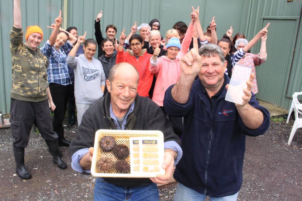 Andrew Curtis and Keith Browne of South Coast Sea Urchins celebrate last year's win in the Delicious Produce Awards.