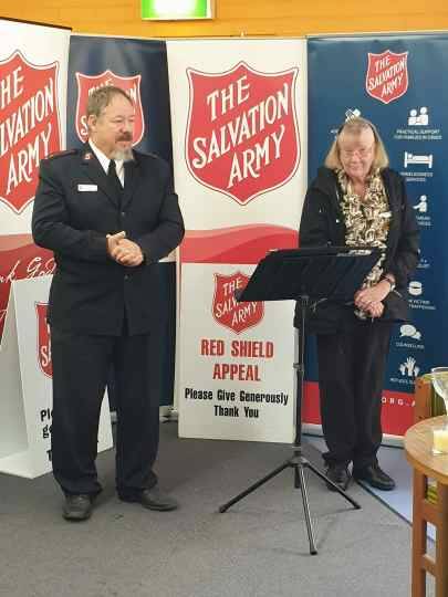 Rod Parsons and Liz Seckold launch the Bega district's Salvation Army Red Shield Appeal, with door knocking this weekend.