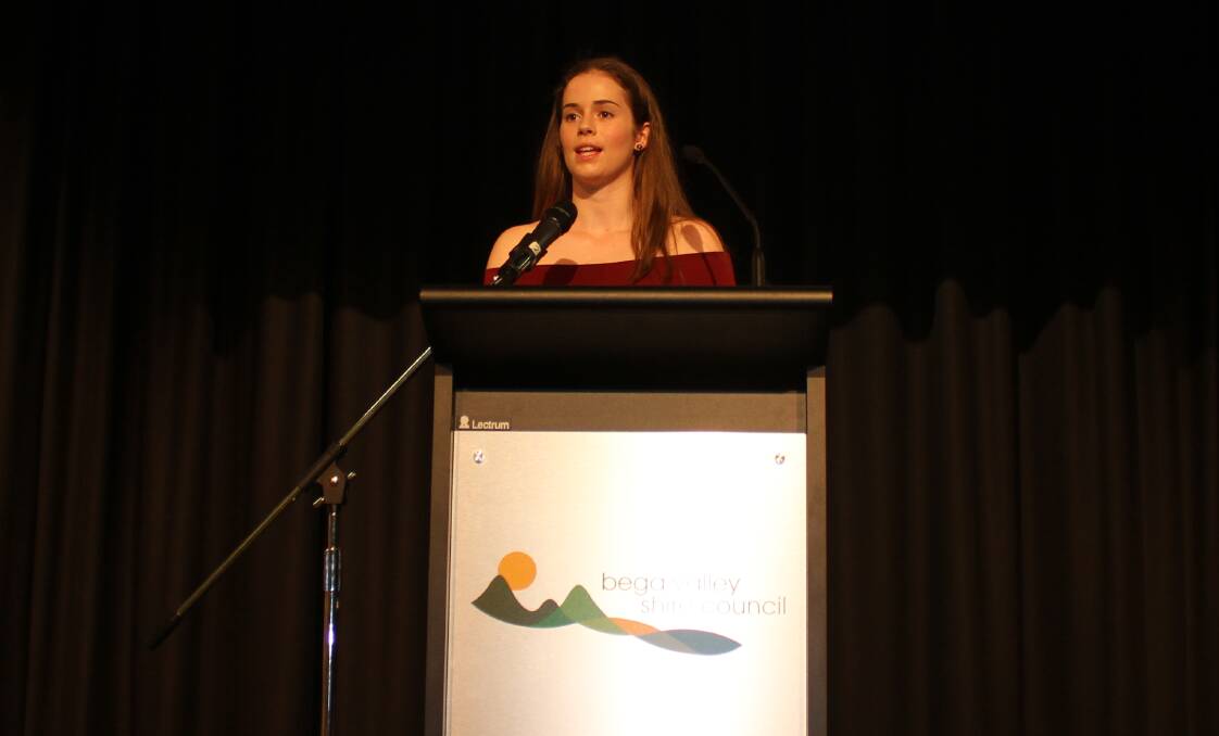 Madeleine Gordon at the 2017 Australia Day celebration in Bega where she was awarded Bega Chamber of Commerce Young Person of the Year.