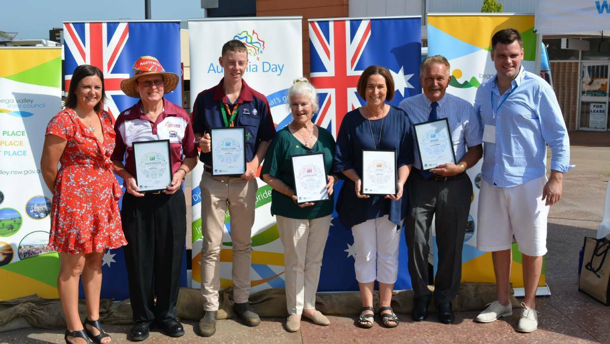 Bega Valley Shire's Citizens of the Year for 2019 are congratulated by Mayor Kristy McBain and Australia Day Ambassador Corey Payne.