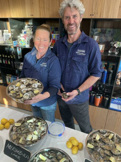 Sue McIntyre and Greg Carton from Broadwater Oysters present a selection of oysters from the Sapphire Coast's five key estuaries. Photo: Ben Smyth