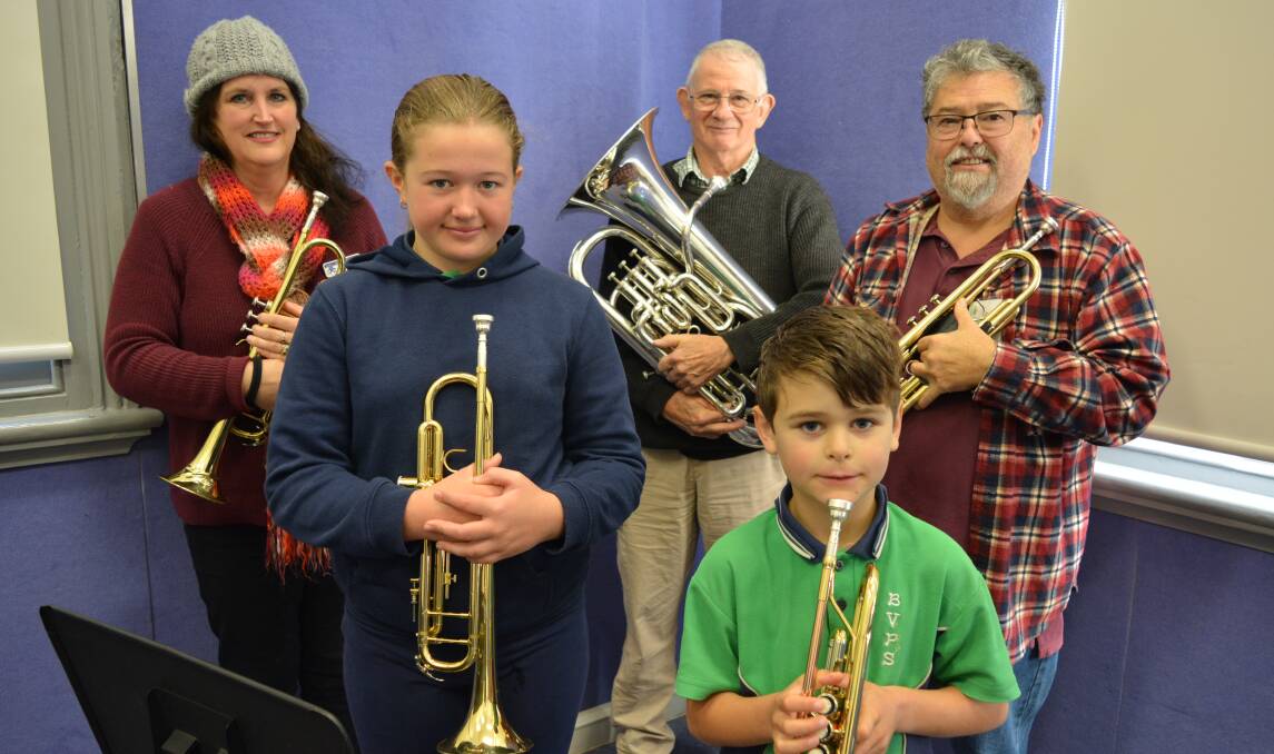 DEVELOPMENT: Bega District Band musical director Candy McVeity with members Dave Moore, John Winson, Chloe Lucas and Tom Woolacott.