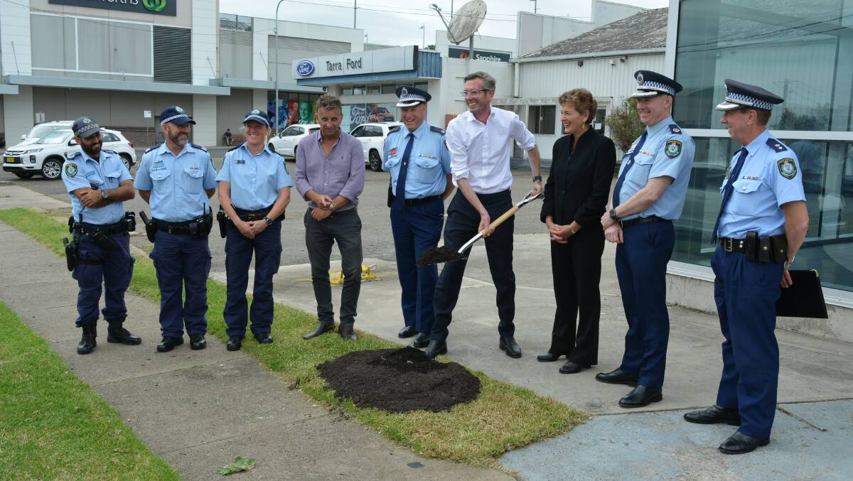 NSW Premier Dominic Perrottet turns the ceremonial first sod on a new $16million police station for Bega. Photo: Ben Smyth