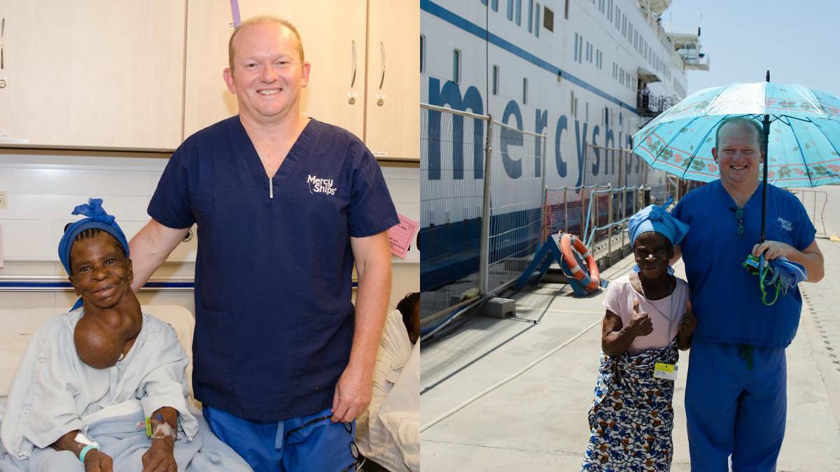 LEFT: Aboard a Mercy Ship floating hospital, Bega surgeon AJ Collins stands next to one of his thyroid patients. RIGHT: Happy faces all round after a successful operation.