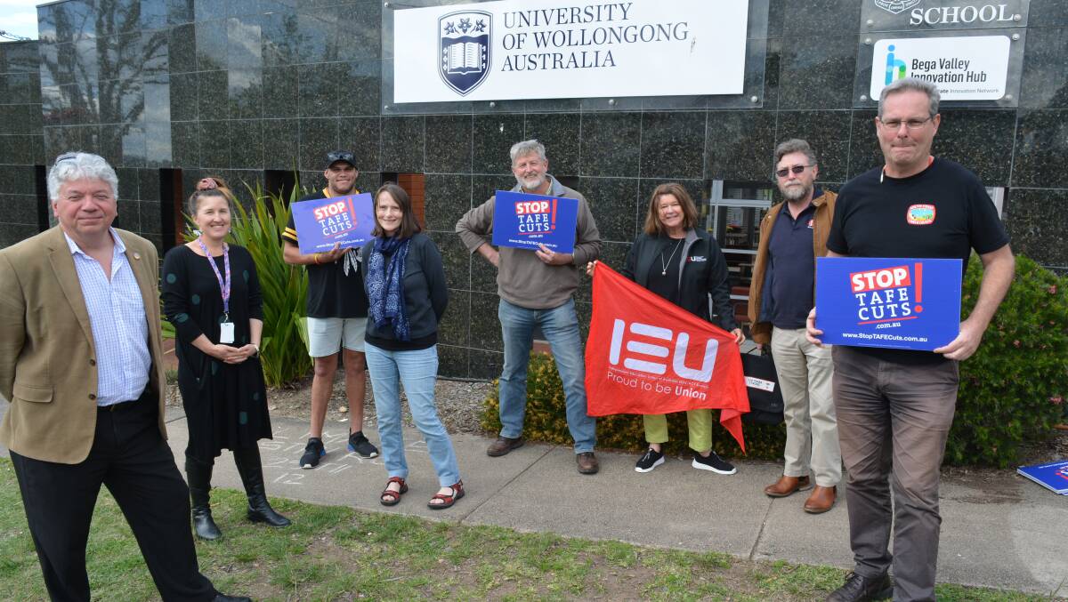 Concerned for the future of both Bega's TAFE campus and University of Wollongong campus are Arthur Rorris from the South Coast Labour Council, Dr Jodie Stewart and Siobhan Wragg, TAFE student Tyrone Thomas, Teachers Federation representative David Grainger, president of the South Coast Labour Council Tina Smith, Shane Elliott from the Public Service Association, and Rob Long from the NSW Teachers Federation. Photo: Ben Smyth