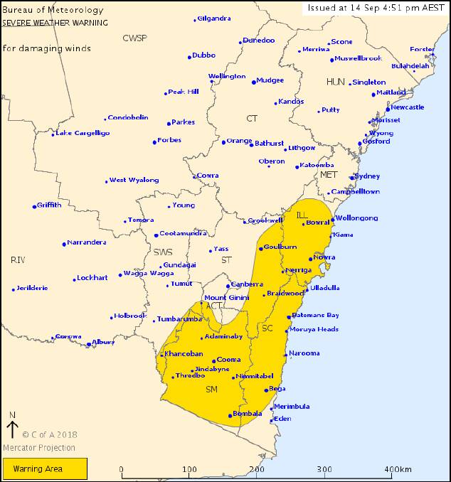 Damaging wind warning issued for Bega and South East
