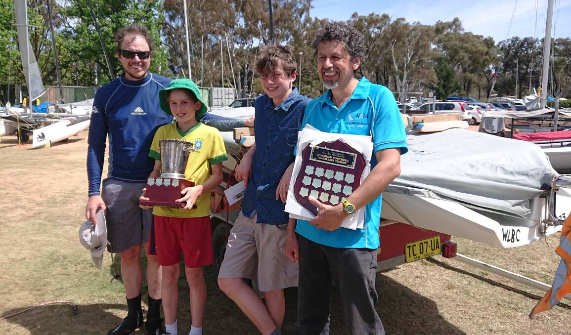 SAILING SUCCESS: Wallagoot sailors Josh and Jarrah Dorrough picked up a huge cup at the ACT Dinghy Championships while Luca Dorrough and Tony Hastings came second overall to retain the traveller trophy.