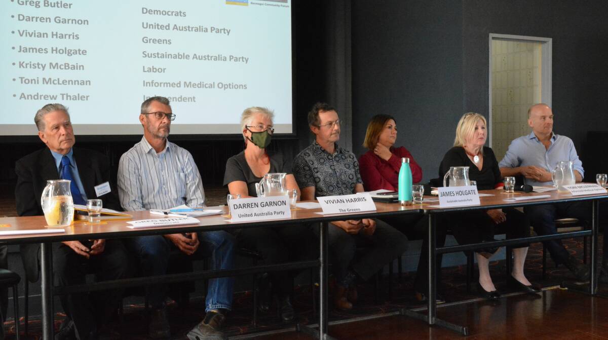 Eden-Monaro candidates at the Bermagui forum are (from left) Greg Butler (Democrats), Darren Garnon (United Australia Party), Vivian Harris (Greens), James Holgate (Sustainable Australia Party), Kristy McBain (Labor) Toni McLennan (Informed Medical Options) and Andrew Thaler (Independent). Photo: Ben Smyth