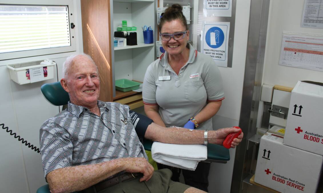 Eden's Nev Cowgill makes his final blood donation on Monday with nursing assistant Sally Nocher.
