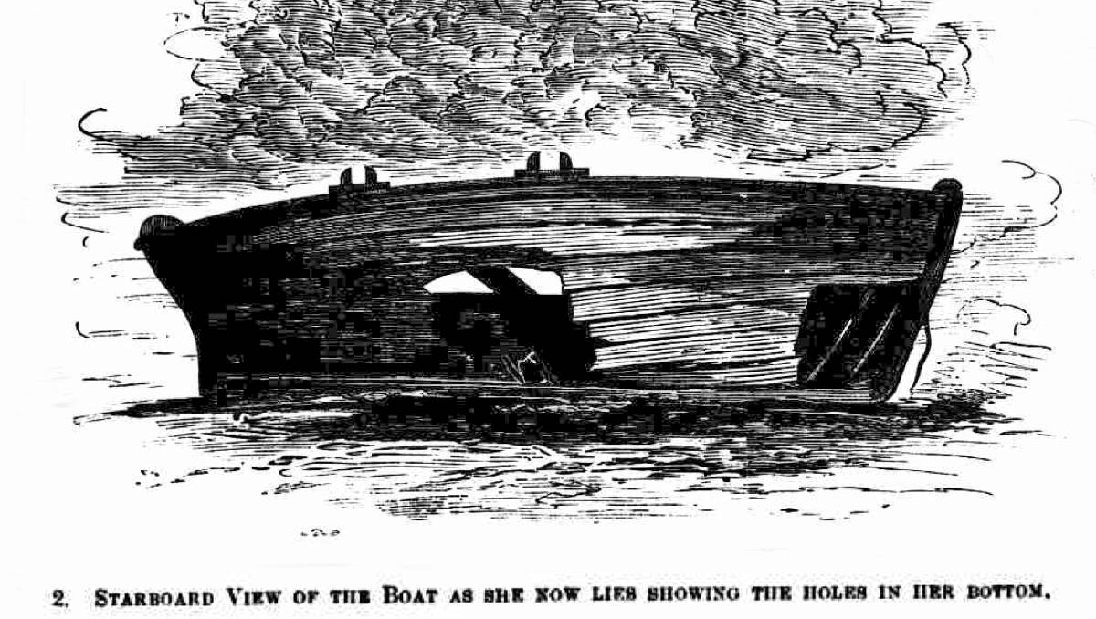 MYSTERY: The wrecked boat was left to rot on the beach near where it was found. Illustrated Sydney News, November 20, 1880.