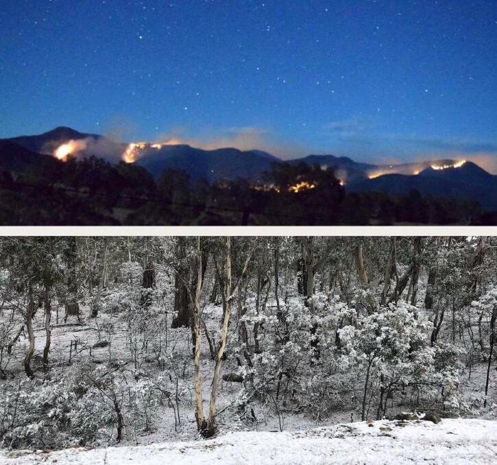 FIRE AND ICE: Jillian Hayes snapped these two contrasting images on her Sunday drive, one at the top of Brown Mountain and the other at the bottom.