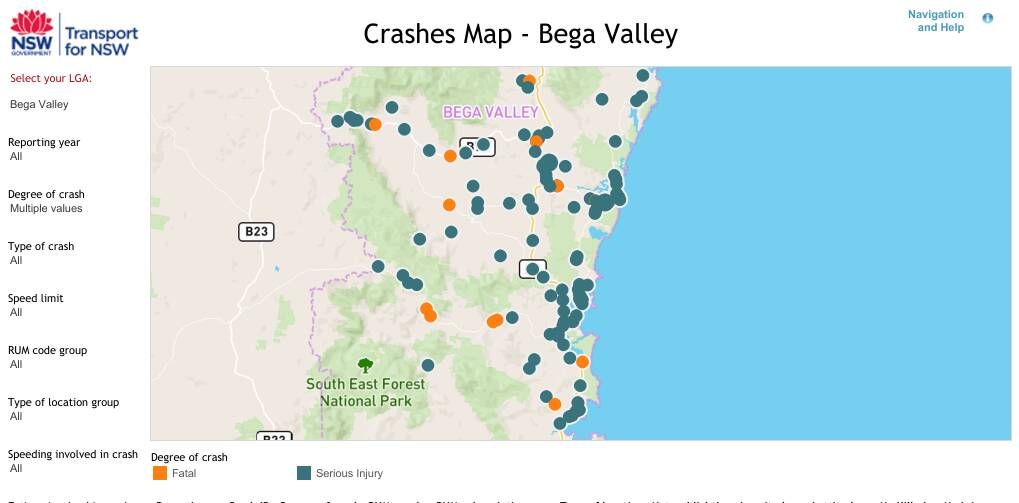 Sites of fatal and serious injury crashes in the Bega Valley 2013-2017. Picture: NSW Centre for Road Safety