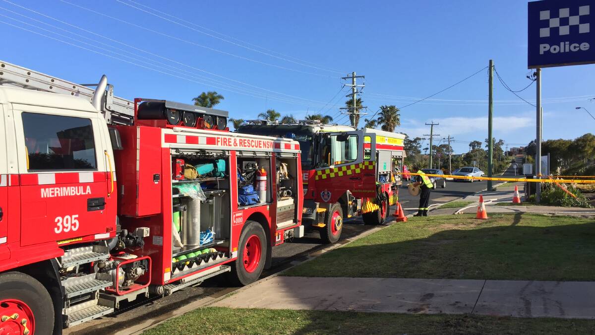 Fire and Rescue vehicles attend a cordoned off Merimbula Police Station on Monday, October 29