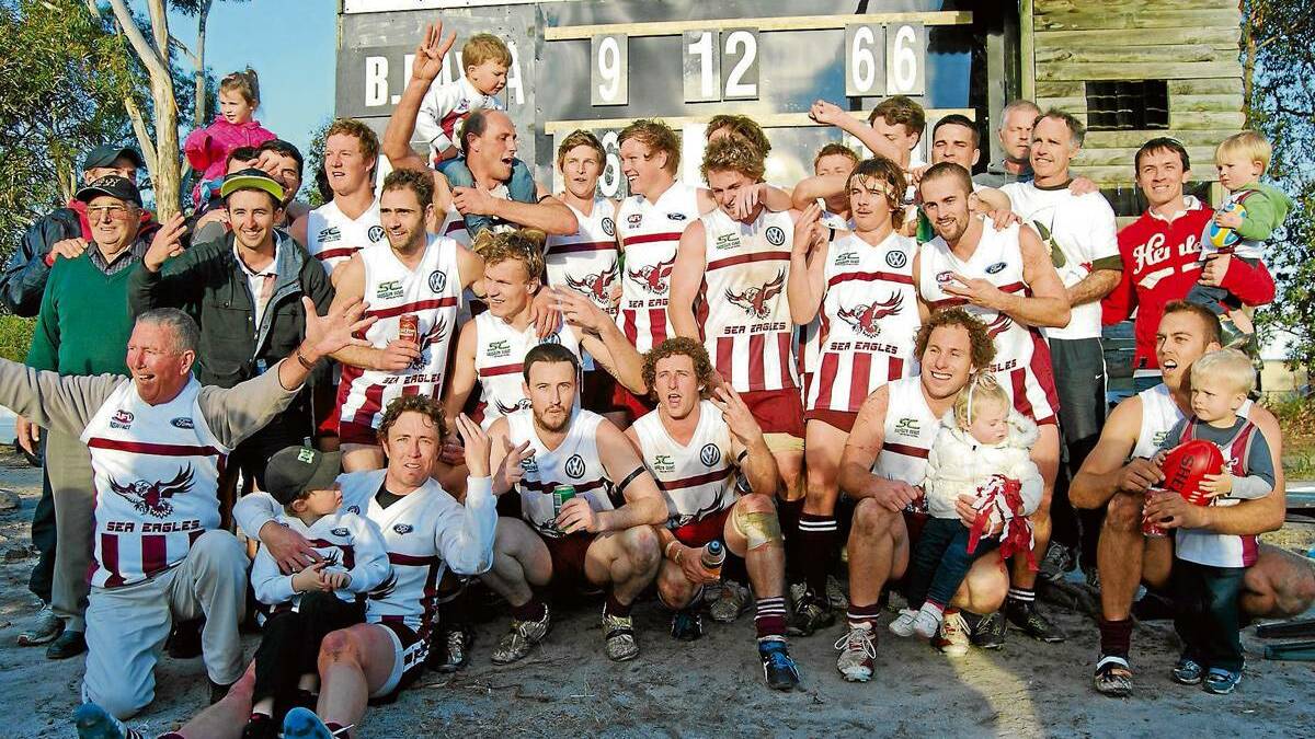 The Tathra Sea Eagles' 2012 premiership-winning team celebrates its third consecutive grand final victory. This year the club will celebrate the 10th anniversary reunion of the "three-peat".