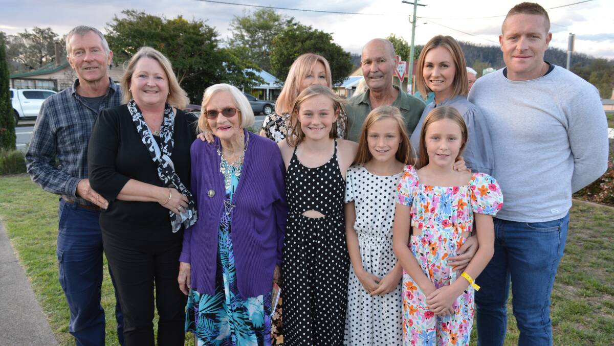 Four generations of Salway family members at the Cobargo service are (from left) Craig and Alison Shipton, Ruth Shipton, Nerridah and Mark Norris, Rikki and Matt Gafa, and children Zari, Mahli and Elli Gafa. Picture by Ben Smyth