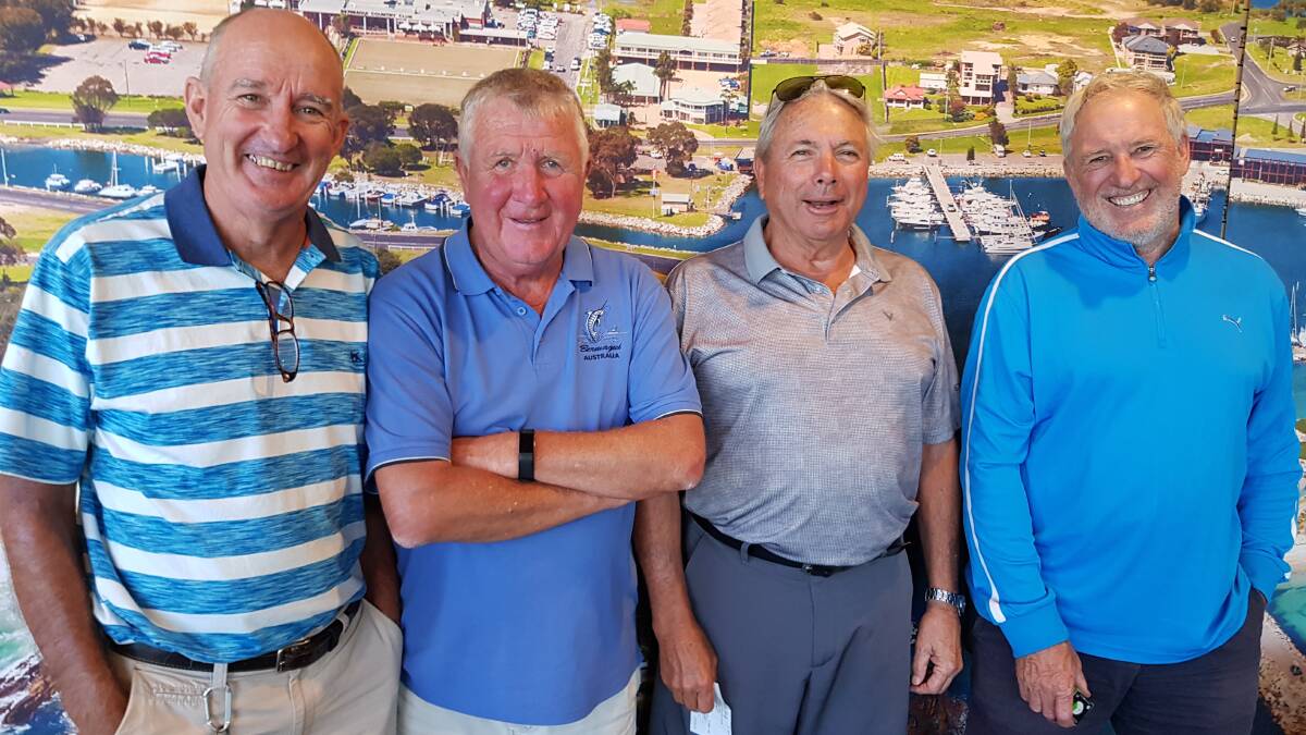 At Bermagui Golf Club are Neil Rutherford (March Medal winner), Rob Ryan (A grade 3rd), Ralph Grant (C grade winner), and Dave Chamberlin (Bradman award).