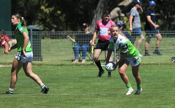 Alanna Dummett in action for Canberra Raiders, where she has played in the Tarsha Gale Cup for two seasons.