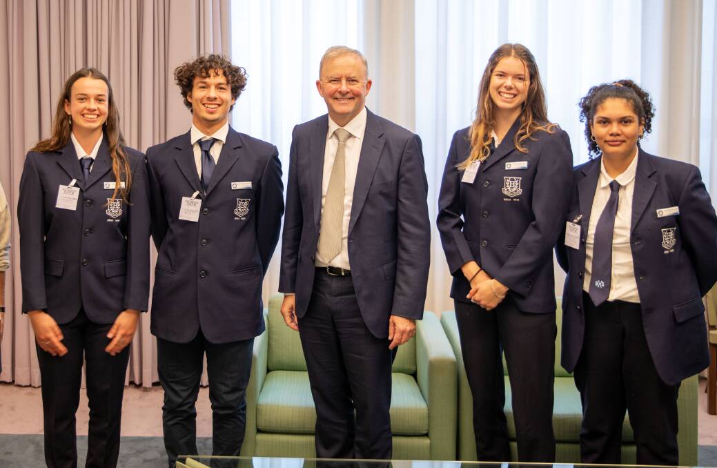 Bega High School student leaders Luella Boulton, Max Navarrete, Minka Waratah and Tayla Green Aldridge meet Opposition Leader Anthony Albanese at Parliament House during their HSC year. 