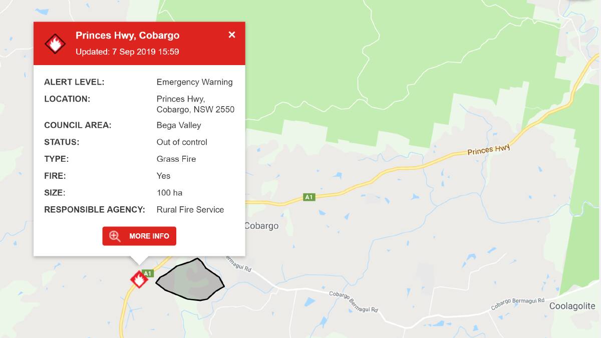 Firefighters tackle fast moving bushfire south of Cobargo
