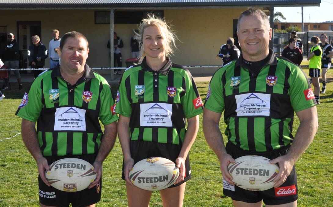 BLOW YOUR WHISTLE: Bega's Trudi Badullovich officiates her first Group 16 senior men's game in Narooma with sideline referees Warren Fletcher and Ross Griffiths. Photo: Joel Erickson
