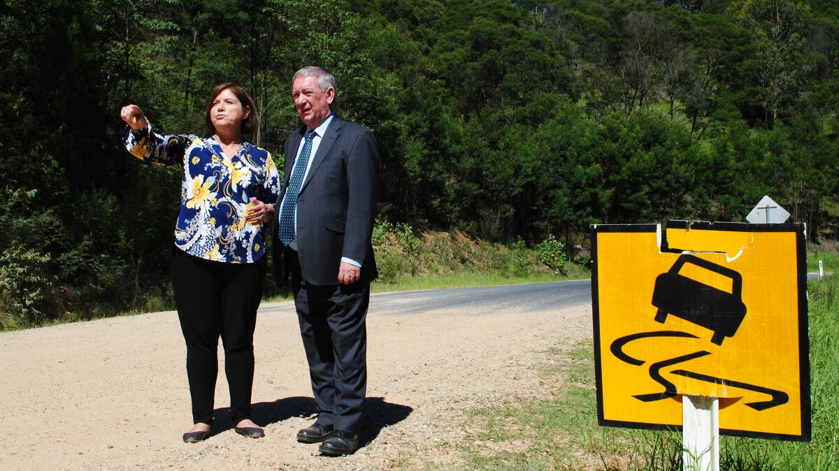 Labor candidate for Bega Leanne Atkinson shows state opposition spokesman for regional roads Peter Primrose the condition of Doctor George Mountain Rd near Bega.