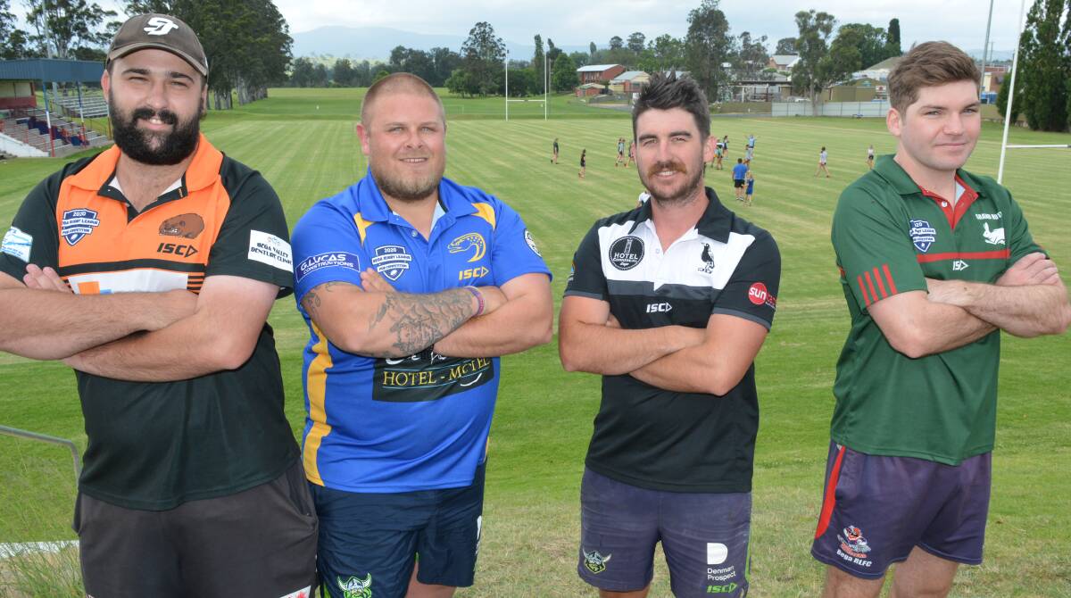 CAPTAINS COURAGEOUS: Jye Britten, Billy Hudson, Ricky Stapleton and Scott Fuller prepare to face off in Friday night's pub footy finals. Photo: Ben Smyth