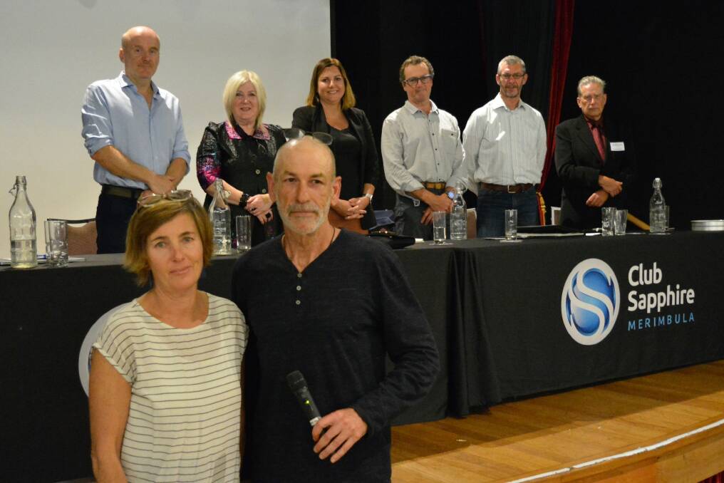 Rian Smith and Craig Malcolm from the Far South Coast Community and United Unions host Wednesday night's candidates forum with Andrew Thaler, Toni McLennan, Kristy McBain, James Holgate, Darren Garnon and Greg Butler in attendance. Photo: Ben Smyth