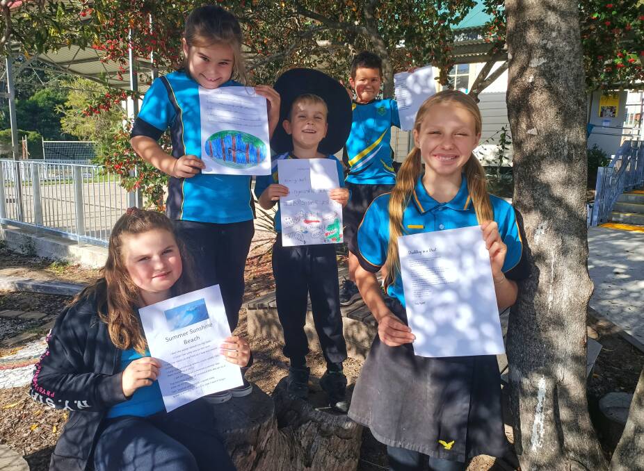CREATIVE KIDS: Wolumla pupils with their prize-winning poems are Heidi Summerell, Harlow Love, Hamish Kettle, Nathaniel Stewart and Indi Myhill. Photo: Ben Smyth
