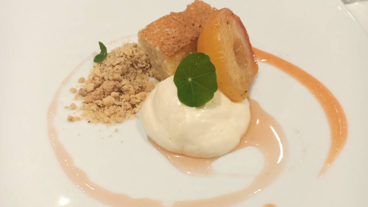 Fig leaf panna cotta with almond financier and poached peach. Photo: Ben Smyth