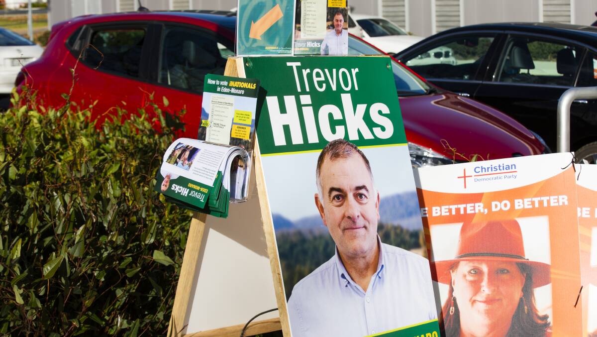At a Queanbeyan pre-poll centre, Nationals candidate Trevor Hicks' pamphlets can be taken without contact with a volunteer. Picture: Jamila Toderas