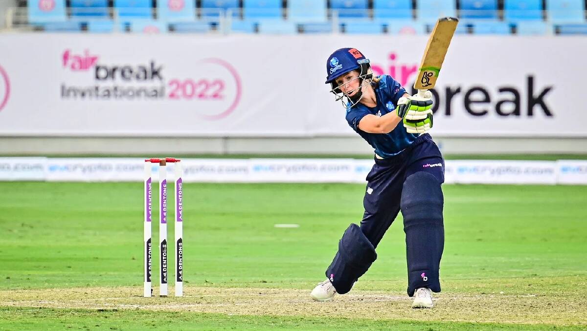 South Coast Sapphires player Jade Allen cracks one through the covers during her innings against Team Spirit. Photo: FairBreak Global