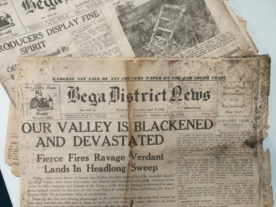 Front pages of the Bega District News in February 1952 following devastating bushfires. The papers were discovered in an old shed this week by Wolumla's David Warren.