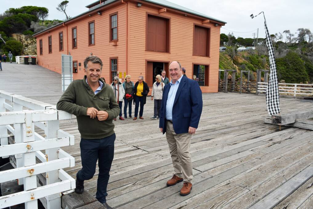 ICON: Bega MP Andrew Constance and Bega Valley Shire Mayor Russell Fitzpatrick at the Tathra Wharf on Thursday. Photo: Ben Smyth