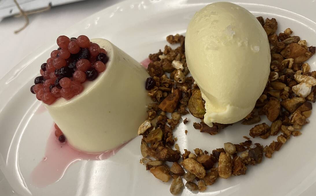 Fig leaf pannacotta, olive oil ice cream, with toasted grains and berry spheres. Picture by Ben Smyth