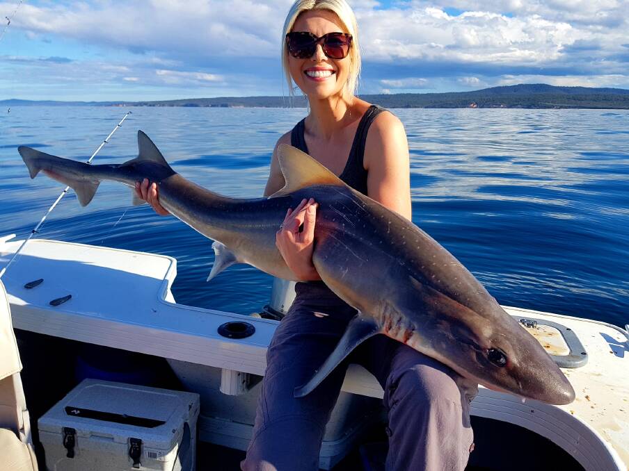 CATCH OF THE DAY: Emma Badullovich of Merimbula with a magnificent gummy shark of some 36kg taken off Haycock last Thursday with a 15kg line using fresh bait.