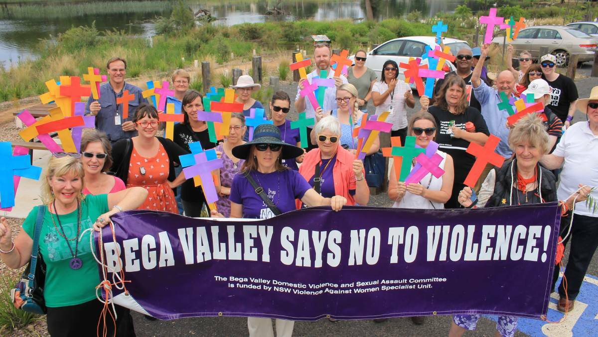 Marchers gather at Kiss's Lagoon in Bega as part of the 2016 Walk Against Violence