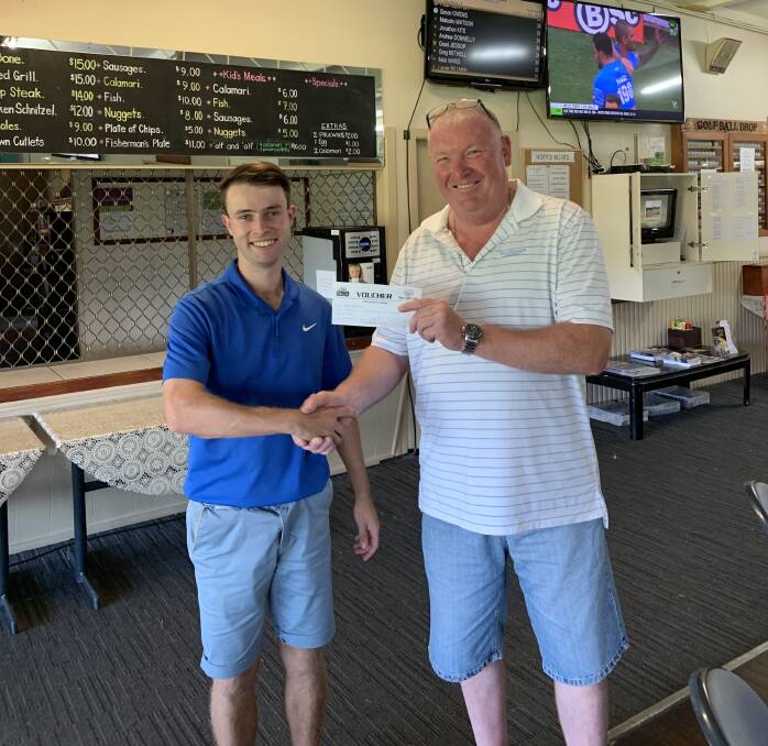Well played: Bega golf president Simon Owens congratulates Jack Roberts on his good round.