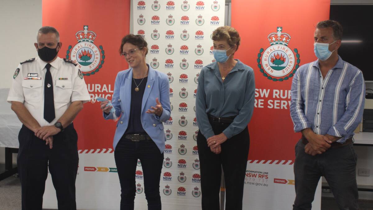 Minister for Emergency Services and Resilience Steph Cooke announces the government's pledge of $15million for a new Emergency Operations Centre for Moruya, alongside RFS Commissioner Rob Rogers, Liberal candidate for Bega Fiona Kotvojs and former Bega MP Andrew Constance.