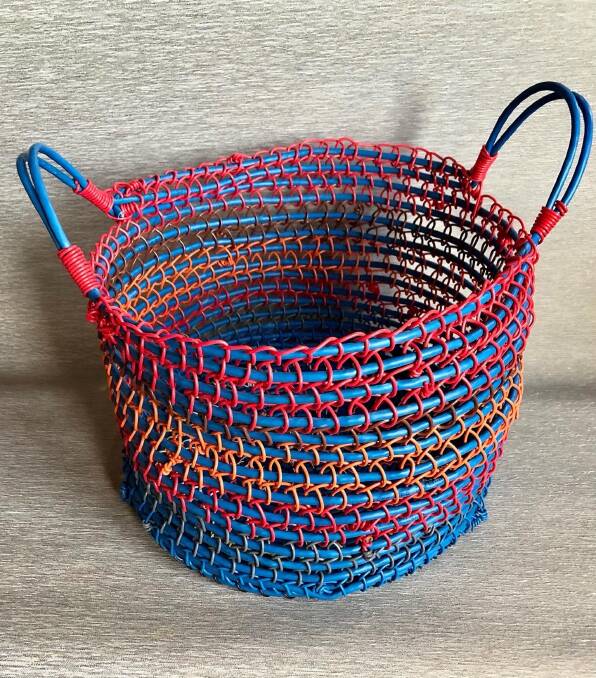 One of Gabrielle Powell's baskets made from recovered and repurposed materials.