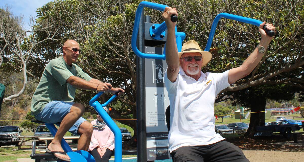 Grattan Smith and Noel O'Reilly of Tathra enjoy getting into the swing of things at the outdoor exercise park when it opened in late 2018. Eden will be getting its own similar equipment thanks to a successful state government grant pitch 