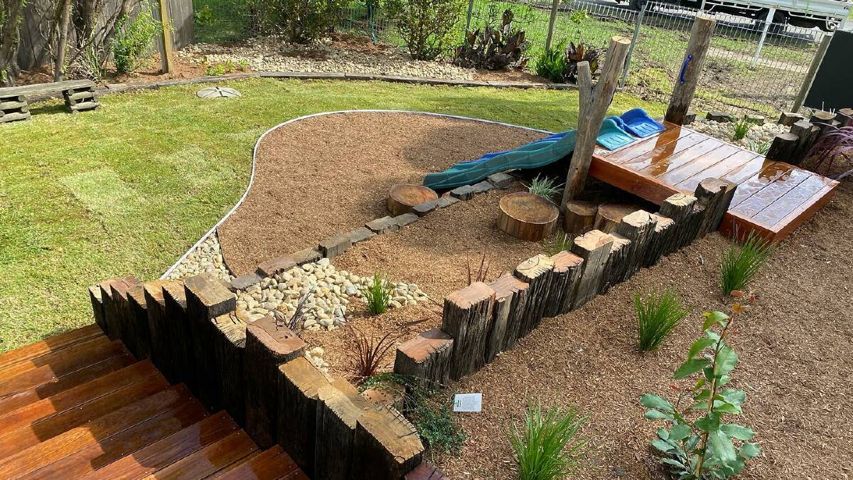 NEW LANDSCAPE: Cobargo Preschool's playground following a project to rebuild it after bushfires. Photo: Proscape Garden Construction