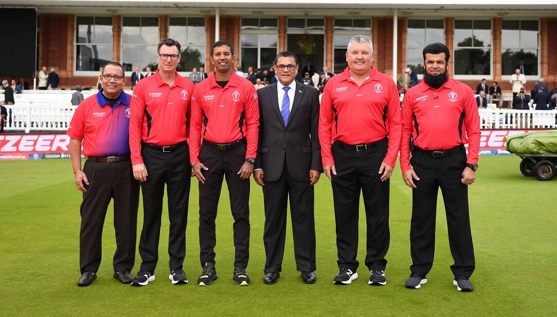 Officials of the 2019 Cricket World Cup final Peter Manual (umpire coach), Rodney Tucker, Kumar Dharmasena, Ranjan Madugalle (match referee), Marais Erasmus and Aleem Dar. Photo: ICC