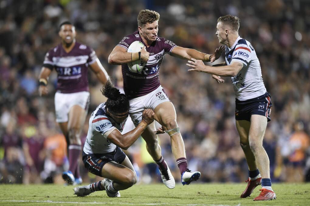 Gerringong's Reuben Garrick makes a run during the Sea Eagles' win against the Roosters last round. Photo: Matt Roberts