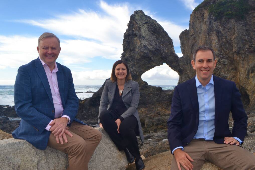 Coast visit: Opposition Labor leader Anthony Albanese with Eden-Monaro candidate Kristy McBain and Shadow Treasurer Jim Chalmers at Narooma's iconic Australia rock. 