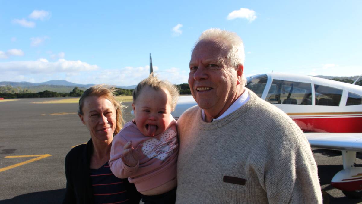 Julie and Emily Szombati with Angel Flight pilot Ray Vincent at the Merimbula Airport on Thursday, May 31.