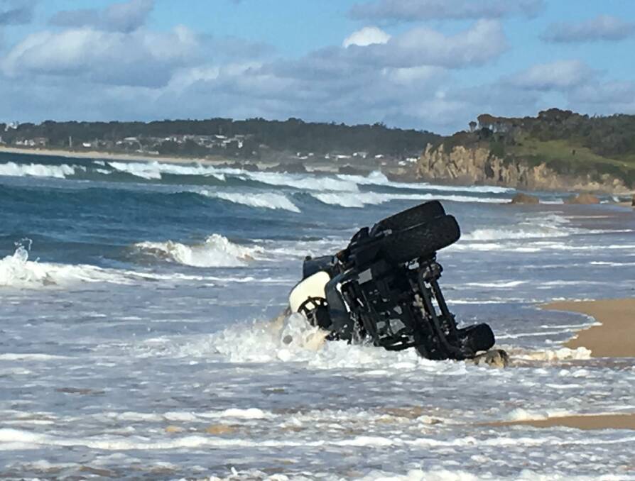 Totalled: Reflections Holiday Park Bermagui's stolen electric vehicle found abandoned on Haywards Beach on Sunday, June 23. Image: Supplied.