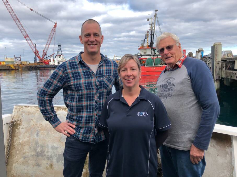 Celebrity chef Fast Ed Halmagyi with Kellie Squire and Chris Boyton of Eden Mussels on board the Sinbad processing vessel. 