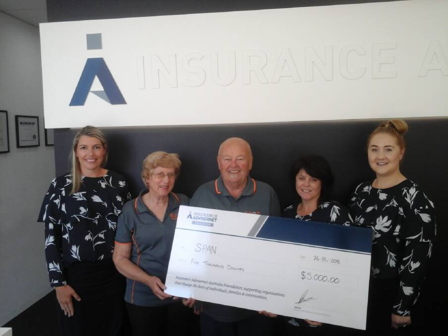 Managing director of Insurance Advisernet Kristy Martin presents a cheque to SPAN secretary Helen Best and chairman Greg Miller alongside Tracy Coleman and Ashley Green of Insurance Advisernet.
