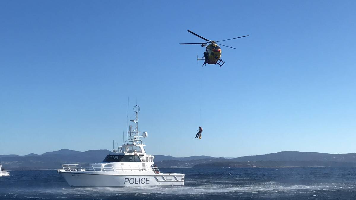 Eden Water Police and Westpac Life Saver Rescue Helicopter training in the Merimbula Bay in 2017. 